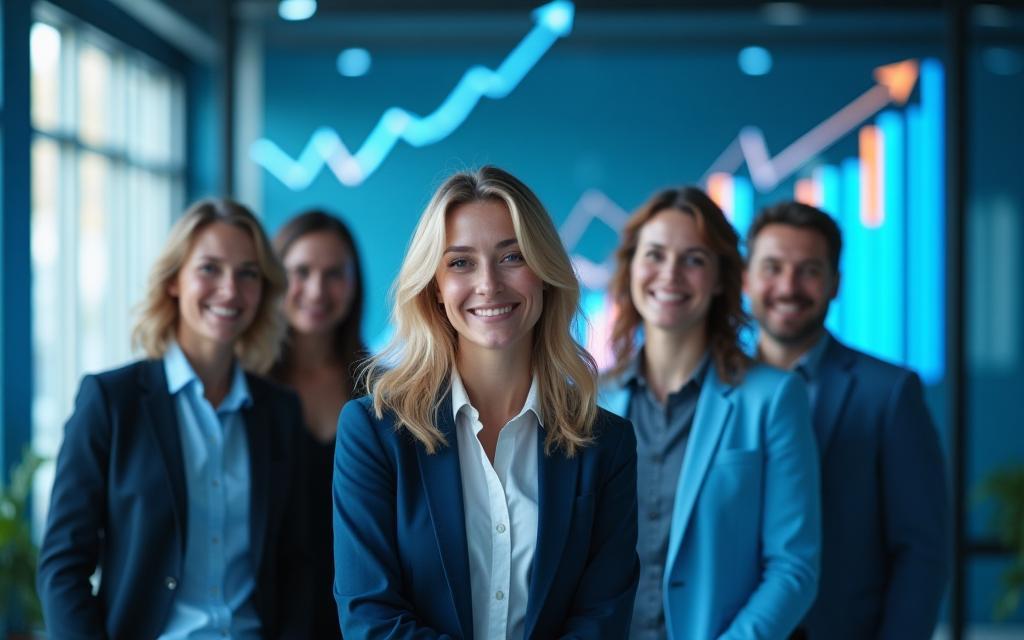 Equipo profesional celebrando éxito con gráficos de crecimiento detrás
